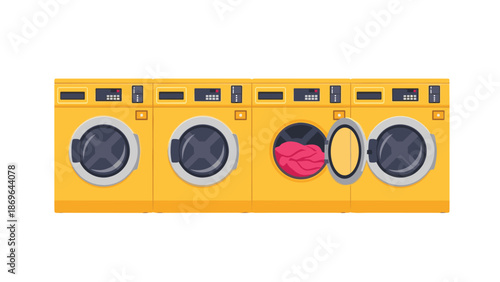 Modern laundromat interior featuring a row of bright yellow front-loading washing machines, one open revealing clothes, signifying laundry day.