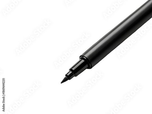 Sleek, black fine-liner pen with a metallic silver clip, crafted from smooth plastic and featuring a precise felt-tip nib, is positioned near a series of freshly, isolated on transparent background.