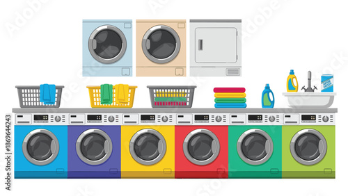 Vibrant and bustling laundromat interior showcasing a diverse array of colorful front-loading washing machines, complete with laundry baskets and detergents.