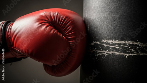Red boxing glove striking a black punching bag close up. Concept of determination and power for sport and workout.
