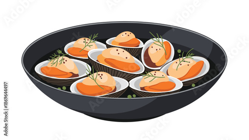 Appetizing cooked clams or scallops presented in a sleek black pan, garnished with delicate herbs, ready to be enjoyed as a gourmet seafood dish.