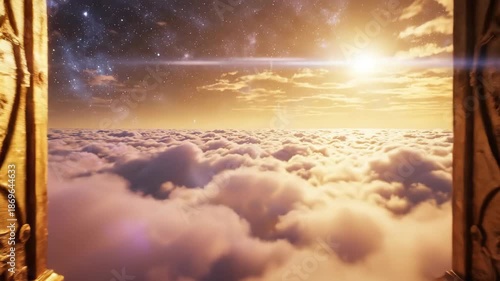 Golden heavenly gates opening to a bright sky above the clouds, revealing a path to light and salvation.