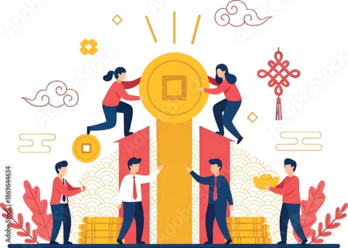 Illustration of people celebrating Chinese New Year with gold coins and decorations, conveying a joyful mood with vibrant colors and festive elements.