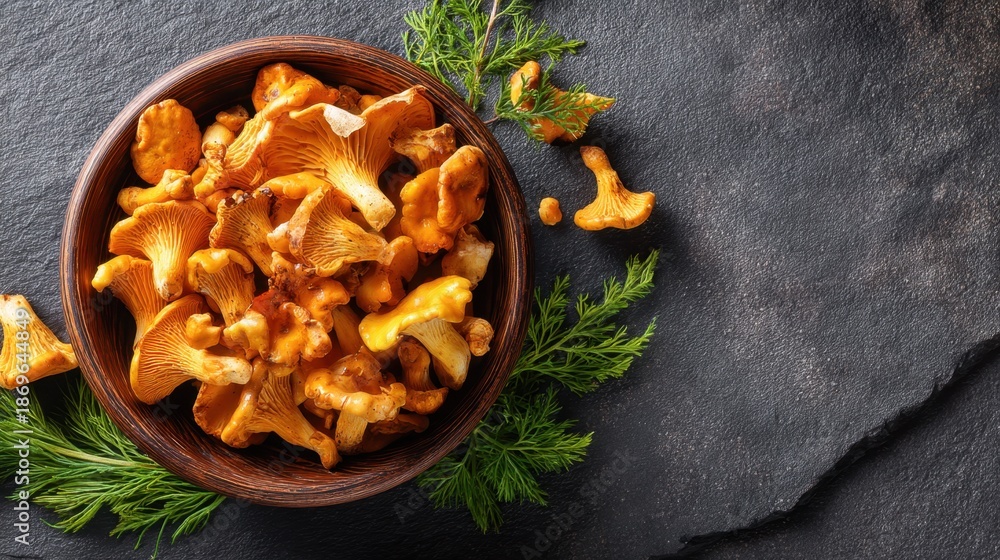 Fototapeta premium Fresh chanterelle mushrooms are arranged in a wooden bowl. Surrounding the bowl are green herbs set against a dark stone surface during daylight.