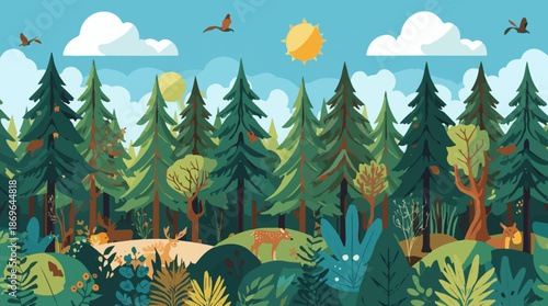 Vector template featuring a forest scene on a sunny day with seamless pattern repeats, incorporating essential isolated characters with green screen 
