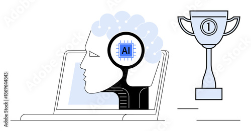 Artificial intelligence in technology innovation. AI with computer chip and trophy success. AI driving advancement in various fields. For tech, innovation, machine learning, business, education