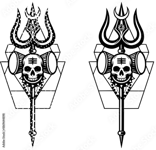 Lord Shiva trishul vector illustration with skull and damru in bold black and white line art style. Powerful Mahadev symbol representing destruction, protection, and Hindu spirituality