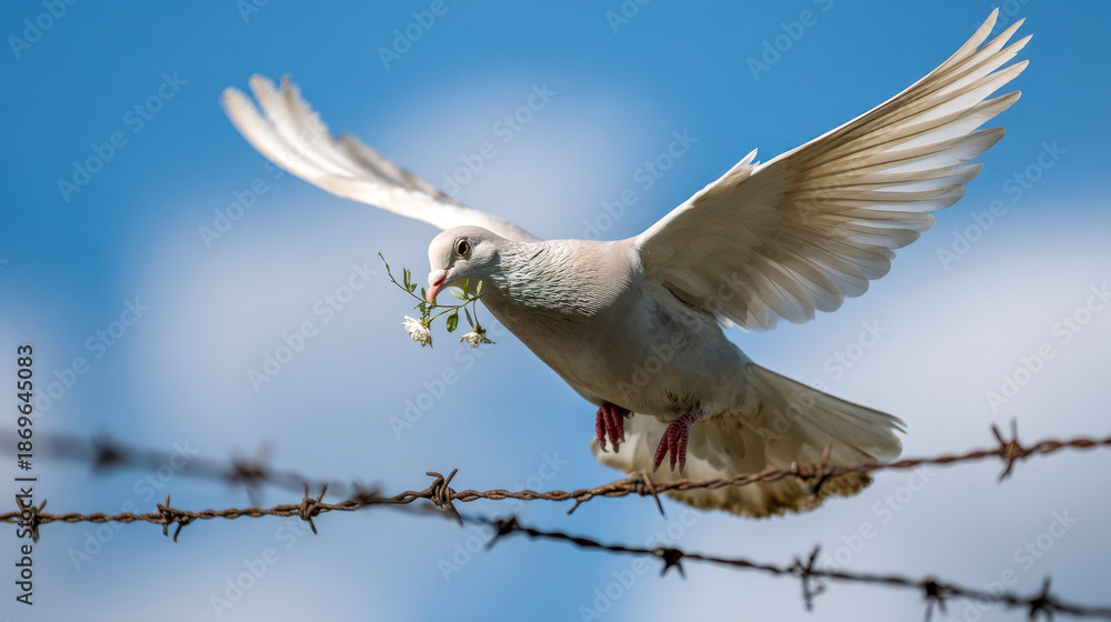 Obraz premium A white dove perches on barbed wire with an olive branch, a symbol of peace and hope, against a clear blue sky