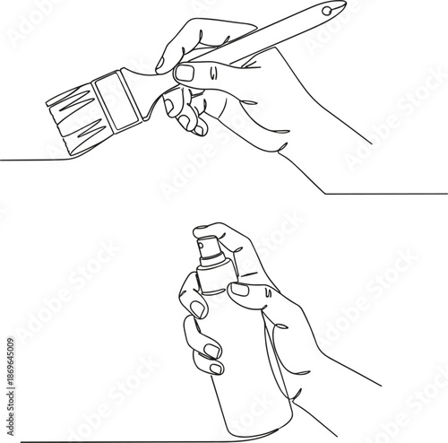 Continuous one line drawing of a hand holding a paintbrush and a spray bottle for art cleaning and disinfection,