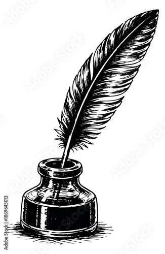 Hand drawn line art illustration of a quill pen and inkwell depicting traditional writing tools for historical and educational themes
