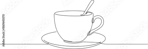 Continuous one line drawing of a coffee cup with saucer and spoon for cafe breakfast beverage morning and,