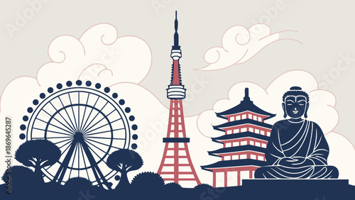 Tokyo skyline with iconic landmarks like tokyo tower and buddha statue. Perfect for travel brochures, websites, and social media posts.