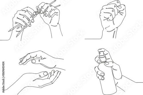 Continuous one line drawing of hands holding pencils washing gestures and spray bottle for hygiene creativity and art,