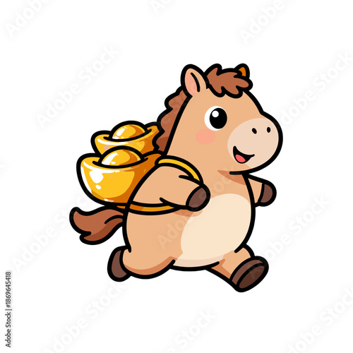 [Vector EPS]Cute cartoon horse carrying golden ingots running forward