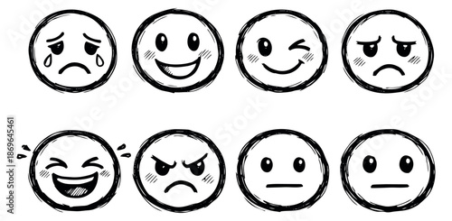 Hand drawn emoji set featuring various emotional expressions for social media communication