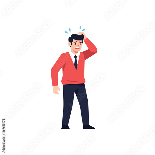 An illustration of a man in formal office wear holding his head with a confused and distressed expression. It depicts workplace stress, panic attacks, or anxiety regarding decisions.