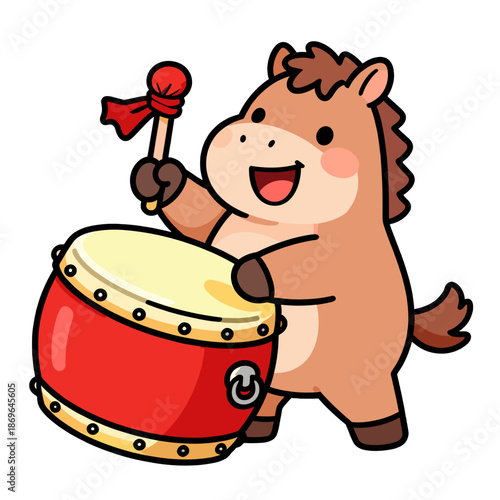 [Vector EPS]Cute cartoon horse playing a red drum with a mallet