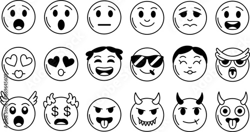 Collection of black and white emoji faces with various expressions and accessories emoticon symbol