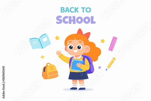 Cute back to school illustration featuring a smiling student with school bag and stationery.