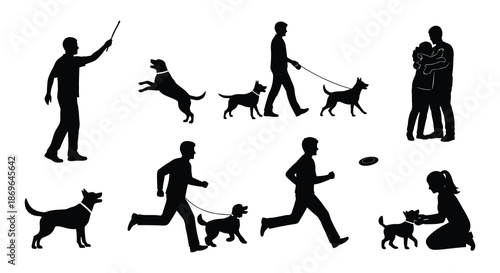 Silhouettes of people walking their dogs in various outdoor settings