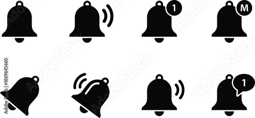 Notification bell icons with alert badges incoming messages and vibration signals for mobile app interface design and reminders,