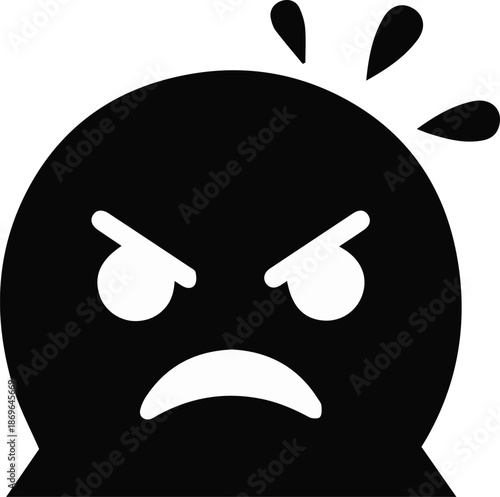 A black circular icon featuring an intense angry expression with sharp downward eyebrows and a sweat/anger symbol. It depicts rage, aggression, or deep frustration.