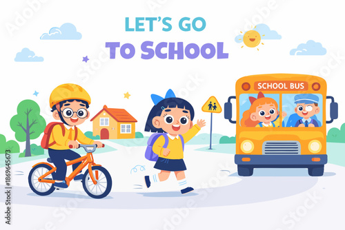 Let’s go to school illustration showing happy children going to school with transportation and city elements.
