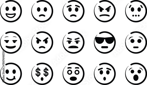 Collection of fifteen black and white hand drawn emoji faces expressing various emotions emoticon expression