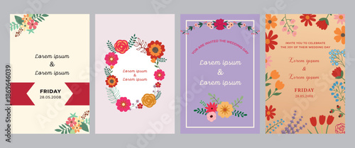 Set of four joyful floral invitation card templates with colorful bohemian flower borders for wedding, birthday, or spring event celebration designs.