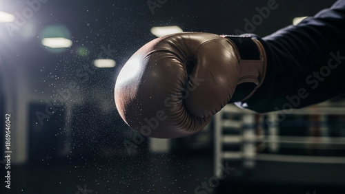 Close up of a mans brown boxing glove hitting with dust particles flying around. Strength and power concept for martial arts, combat sport, training, fitness.