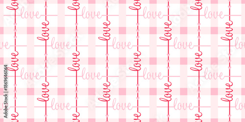 Romantic pink color plaid seamless pattern with hearts and love script on white color background for Valentine's day, wrapping paper, decor graphic design. Vector illustration