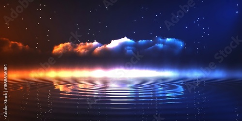 A mystical night scene with vibrant dual-tone clouds reflected on rippling water under a starry sky