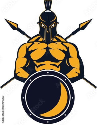 Spartan Mascot with Crossed Spears and Shield, Ancient Greek Warrior Emblem, Gladiator Fitness and E-sports Logo Vector Greek Vector3.eps