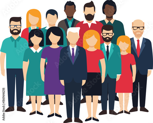 A large, multi-ethnic group of men and women in professional attire standing together, representing global teamwork, diversity, and corporate unity.