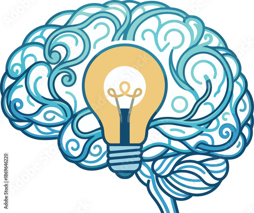 A vibrant stylized human brain glows with a bright lightbulb symbolizing a new creative idea or thought process.