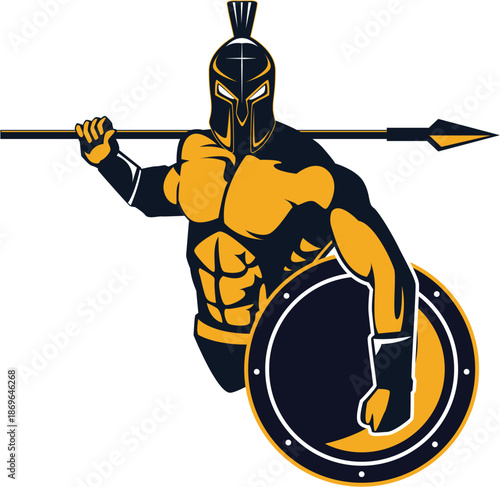 Spartan Warrior Attacking with Sword Mascot, Gladiator Shield Emblem Vector, Ancient Greek Fighter Logo for Fitness Club and E-sports Team 2 Greek Vector5.eps