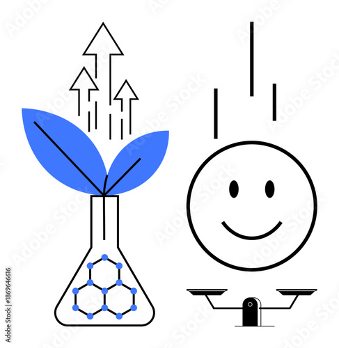 Sustainability, innovation, research, growth, emotional wellbeing, work-life balance. A beaker with a growing plant and a smiling face symbol with scales. Sustainability and innovation concept