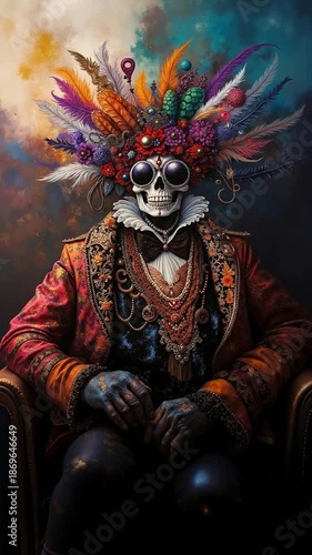 A man in a costume sitting on a chair with feathers on his head