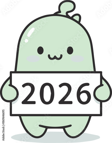 An adorable, soft-green blob character holding a large white sign with 