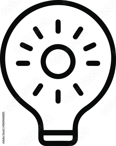 A minimalist black and white icon featuring a central circle with radiating lines, resembling a stylized sun, a vision point, or a source of light and focus.