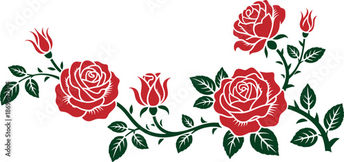 Red roses and buds with green leaves on white background flower floral bloom