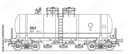 Railroad Tank Car in Line Art Style in Black and White Colors