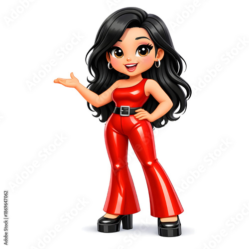 Woman with Long Black Hair and Wearing Shiny Red Outfit and Black Belt and Platform Shoes