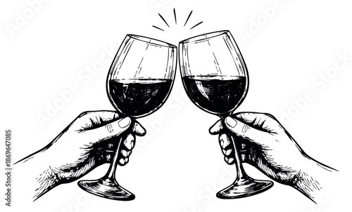 Hand drawn line art illustration of two hands clinking wine glasses depicting a celebratory toast for parties and special occasions