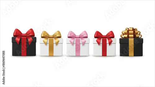 Set of five gift boxes with red, gold, and pink bows illustration.eps