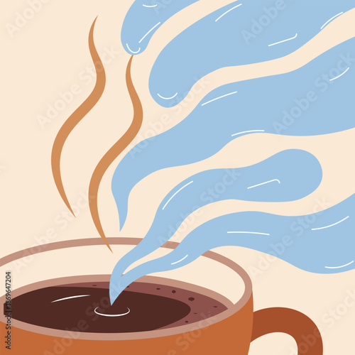 Vector illustration of a hot cup of coffee with milk and chocolate splash in a modern cafe drink style