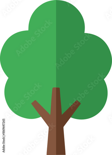 A clean and modern flat design illustration of a lush green deciduous tree, representing nature, environment, growth, and sustainability.