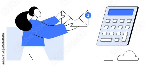 Email services, financial planning, cloud storage, digital communication, notifications, economic calculations. Person holding an envelope with a notification. Email services and financial planning