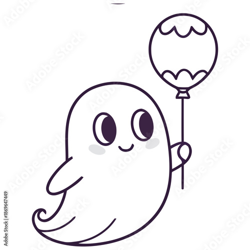 A cute cartoon ghost holding a balloon in a minimalist vector illustration
