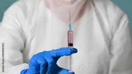 Female doctor injecting syringe in air closeup